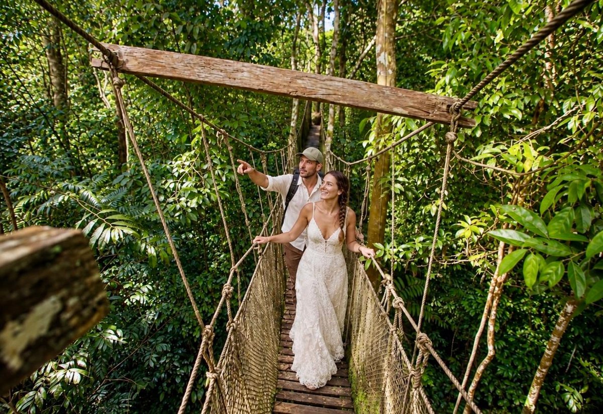 Bride and groom on a rope canopy bridge in the Amazon rainforest