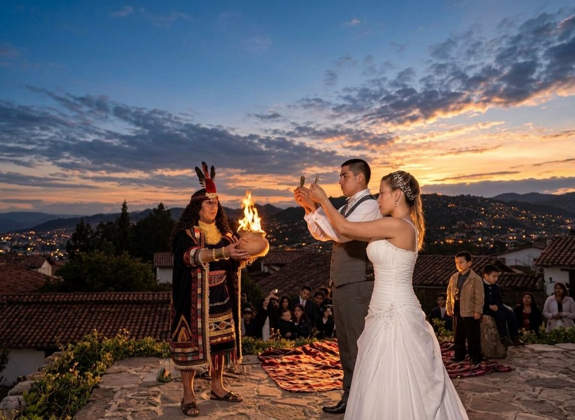 Luis and Carla receive an Andean blessing at sunset above Cusco